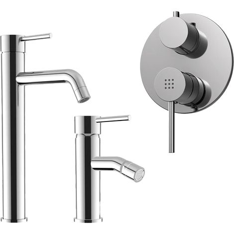 Set Miscelatori con Lavabo Alto e Bidet senza Scarico ed Incasso Doccia con Deviatore in Ottone Cromato Mod. Ava (1/4)