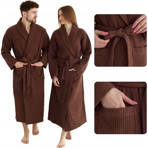 Unisex-Waffel-Bademantel, lang, mit Taschen, 100 % Baumwolle, schnelltrocknend, braun, Größe M (1/5)
