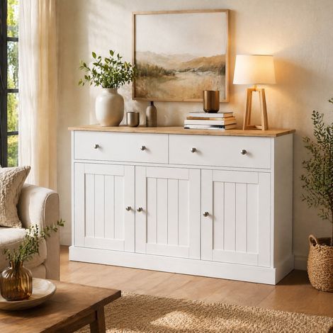 MEUBLIV Buffet 120 x 36 x 80,5 cm blanc et bois – 3 portes, 2 tiroirs (1/5)