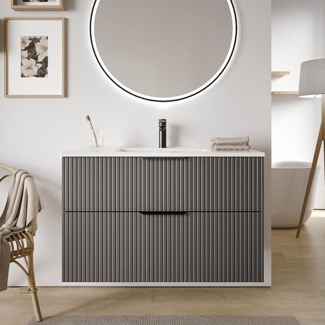 BERNSTEIN - Mobile lavabo da bagno antracite opaco rigato 100x46x62cm (LxPxA) 2 cassetti, maniglie cromate - TIM100	cromo, Profilato antracite opaco