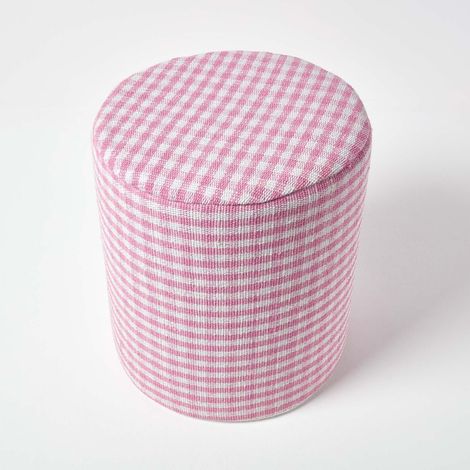 HOMESCAPES Pink Gingham Check Round Pouffe Cotton 40 x 42 cm