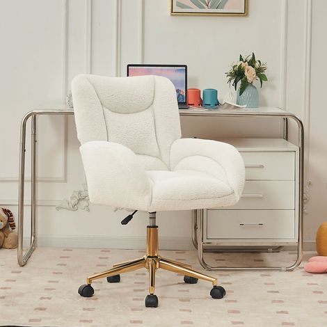 Fauteuil de bureau pivotant réglable en hauteur, tissu teddy KD 005, pieds dorés, blanc, pour bureau à domicile et intérieur (1/5)