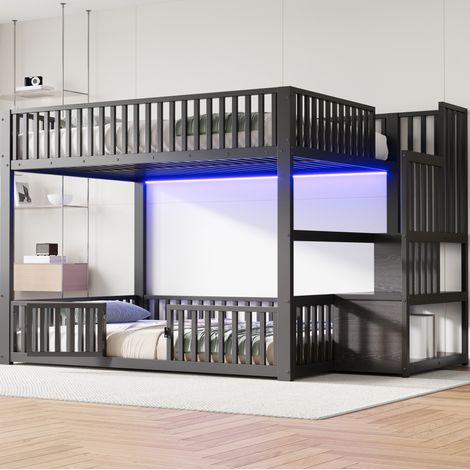 Lit superposé bas métal et MDF noir 140x200 cm avec LED et échelle de rangement (1/5)