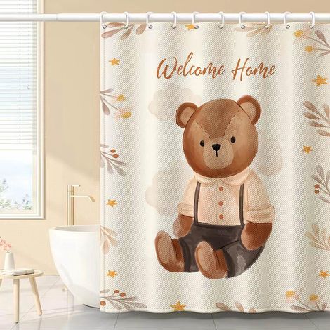 Rideau de douche avec 12 crochets à séchage rapide ours tissu imperméable lavable en machine rideaux salle bain 180 x 200 cm Polyester (1/4)
