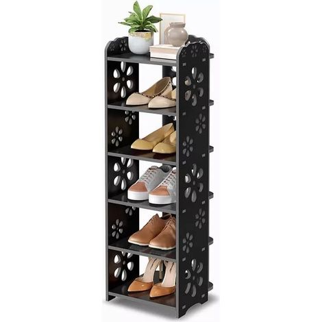 Schuhregal aus Kunststoff und Holz mit 6 Ebenen, Schuhregal, ausgeschnittenes Muster, dekorativ, 26 x 25 x 81 cm, Schwarz