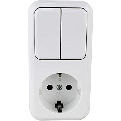Base Schuko avec double interrupteur de surface, idéal pour contrôler l'alimentation de plusieurs appareils à la maison ou au bureau.