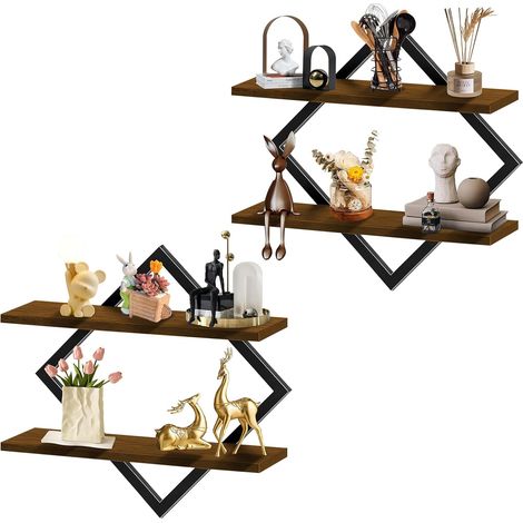 Étagère Murale en Bois et Métal, Tablette Flottante Style Industriel pour Décoration Salon, Cuisine, Salle de Bain et Chambre, Rangement Mural Robuste pour Épices et Livres (Marron) (1/5)