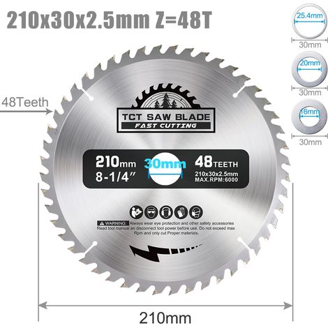 Lame de scie circulaire TCT CN210x30x2.5, diamètre 210 mm, pointe carbure, lame de coupe bois, outil travail du bois, dents 24T‑48T‑60T‑80T (1/5)
