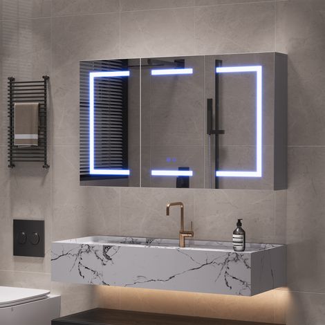 Armoire de salle de bain murale avec miroir LED 100.4 × 13,5 × 60 cm – 3 portes – Étagères verre réglables – 3 modes d’éclairage – Anti-buée – Design moderne – Pour salle de bain et toilettes (1/5)