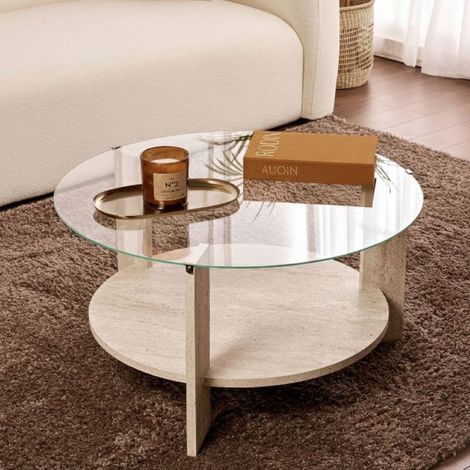 Canevino Couchtisch, Rund, Glasplatte, Transparent, 75x75x40h cm, Weiß Marmor (1/5)