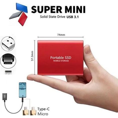 Disque Dur Externe SSD - 1 To - USB 3.1 Type-C - Compatible Windows Macbook Laptop Téléphone Portable - 100 x 29,5 x 9 mm (1/4)