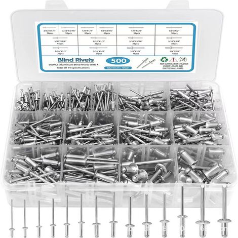 Juego de 433 remaches ciegos de aluminio, remaches pop M3-M5 de varios tamaños con brida ancha, caja de aluminio resistente a la corrosión con mandril de acero para aplicaciones en metal, madera, náut (1/5)