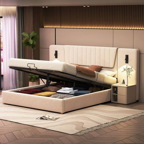 Lit coffre 180x200 cm avec tête de lit XXL rembourrée, lampes de lecture pivotantes USB, rangement hydraulique, sommier à lattes, velours beige, sans matelas (1/5)