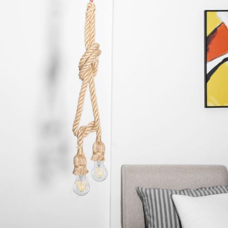 Suspension Vintage en Corde de Chanvre, 2m E27 Rétro Suspension Corde Plafonnier Base Luminaire Titulaire 85-265V (2 têtes) (1/5)