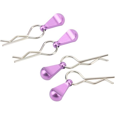 Quatre clips métalliques pour carrosserie de voiture télécommandée avec languettes de traction, adaptés aux pièces de mise à niveau des voitures télécommandées 1/8 et 1/10, violets. (1/5)