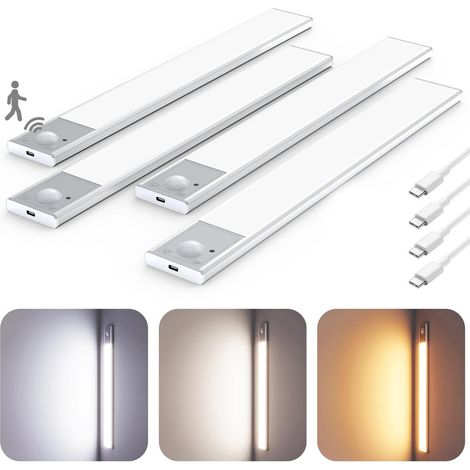 4 pièces d'éclairage ultra-fin sous armoire de 20 cm, lampes magnétiques pour placard à 3 températures de couleur, lampe rechargeable avec détecteur de mouvement pour l'intérieur (1/5)