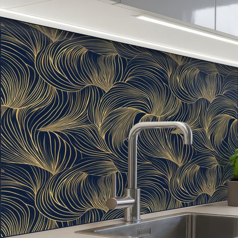 REVETEMENT MURAL DE CUISINE, CRÉDENCE DE CUISINE Abstrait - Lignes - Bleu - Or 80x60 cm (1/5)