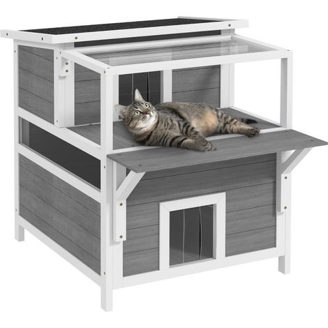 Maison pour chat à deux étages avec balcon, abri résistant aux intempéries, protection pluie et soleil, intérieur extérieur, gris clair (1/5)