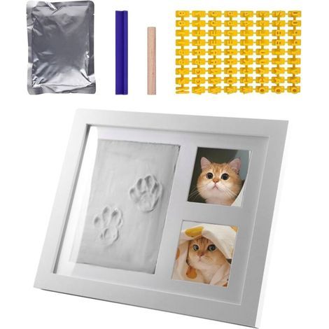 Pfotenabdruck-Fotorahmen-Set für Hunde oder Katzen. Erinnerungsstück aus Ton. Pfotenabdruck-Fotorahmen als Geschenk.
