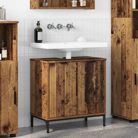 Meuble sous lavabo salle de bain bois d’ingénierie, pieds métal, bois ancien, 60,5 x 33,5 x 61 cm - PANGIVO (1/5)