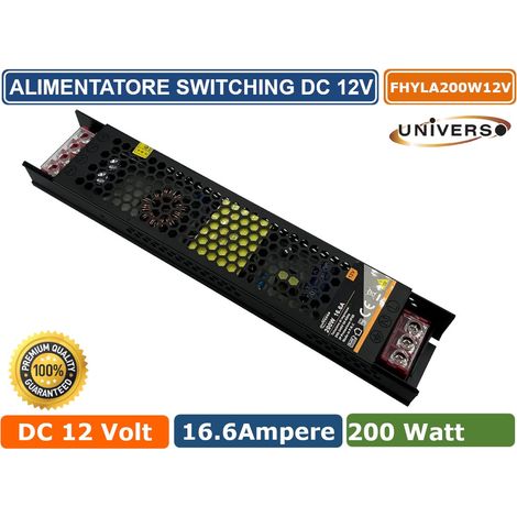 ALIMENTATORE SLIM METALLICO STABILIZZATO 200W PER USO INTERNO DC12V 16.6A 2 USCITE CON MORSETTI A VITE (1/4)