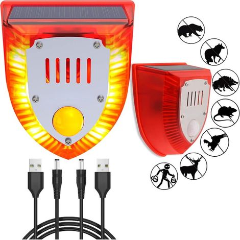 Alarma solar de 100 dB, luz de seguridad solar LED con detector de movimiento, sirena para exteriores, luz roja intermitente, resistente al agua para almacenes y granjas (Paquete de 1)