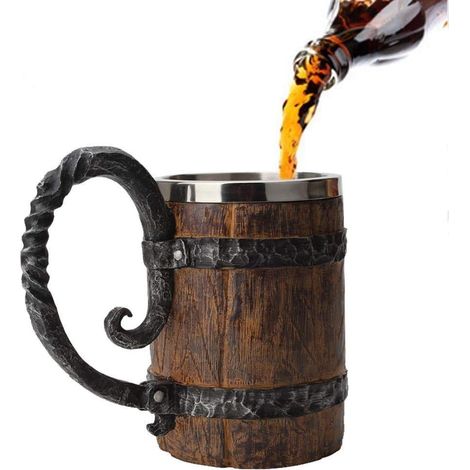 Chope à bière, chope en acier inoxydable imitation bois, cadeaux en bois mug tonneau en bois rustique pour homme Capacité : 18,60 onces (550 ml)