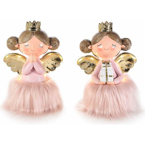 Anges de Noël lumineux en résine, ailes dorées, jupe en fausse fourrure et LED, lot de 2, 11,5 x 8 x H. 17 cm