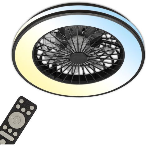 Briloner Ventilateur de plafond LED – plafonnier moderne avec lumière réglable (3000K-6500K), 5 vitesses, télécommande, noir, Ø48,5 x 14,5 cm