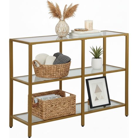 Relaxdays Konsolentisch, HxBxT: 73 x 100 x 30 cm, Metall, Glas, schmale Konsole Flur, Flurtisch mit 3 Ablagen, gold