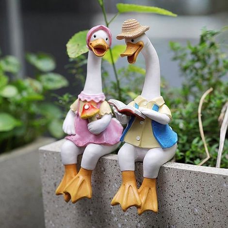 Canard Extérieur Ornements De Jardin Lecture Couple Animaux Sculpture Décorations 22 Cm Paire De Canards Résine Cadeau Intérieur