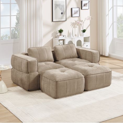 Sofá modular 2 plazas con 2 pufs, asiento profundo, espuma 32D, tejido poliéster color arena (1/5)