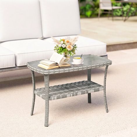 Mesa de Jardín Exterior Rectangular de Ratán con Estante Tablero de Vidrio Templado con Ondas 90x50x45 cm Gris Oscuro (1/5)