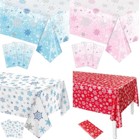 Nappe De Table En Plastique - Motif Flocon De Neige - Rectangulaire - Pour Fêtes De Fin D Année Et Noël - 137 X 274 Cm - Bleu (1/5)