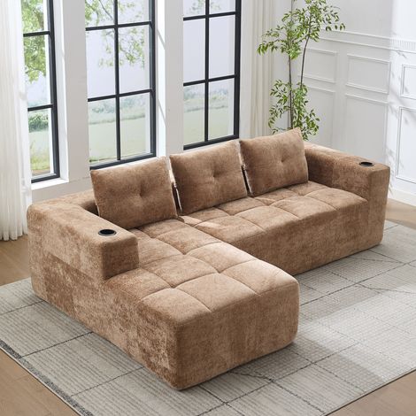 Canapé d'angle, avec trois coussins, porte-gobelets, beige clair, 258x163x68 cm (1/5)