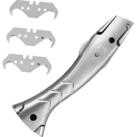 Cutter avec lame crochet, aluminium, 3 lames de rechange, argent
