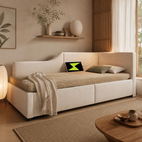Letto contenitore singolo 90x200 cm, con sollevamento idraulico, USB-C, luce, in velluto beige, senza materasso (1/5)