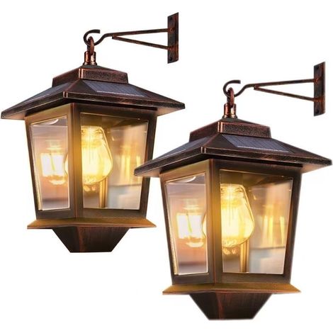 Deux appliques murales solaires LED, indice de protection IP44, éclairage de terrasse LED, adaptées aux jardins et aux couloirs, couleur cuivre. (1/5)