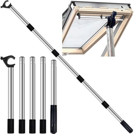 Tige télescopique extensible jusqu'à 186 cm. Compatible avec les fenêtres de toit et les stores. Tige télescopique conçue pour les commandes de fenêtres de toit. Robuste, en acier inoxydable avec croc (1/5)