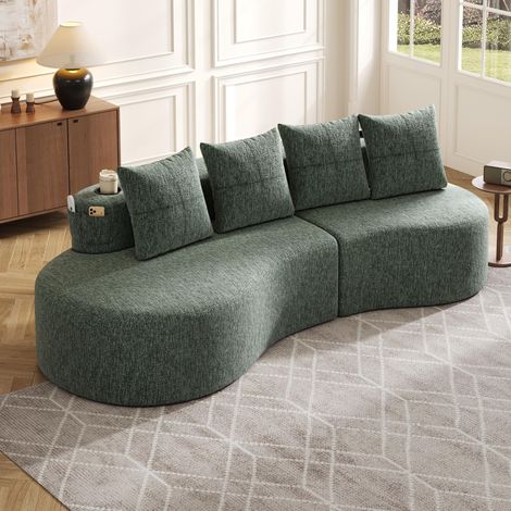 Canapé en lin avec 4 coussins, garnissage en mousse haute densité et plumes, porte-gobelet et poche latérale – Design unique, confortable et respirant, idéal pour le salon, la chambre d'amis ou le bal