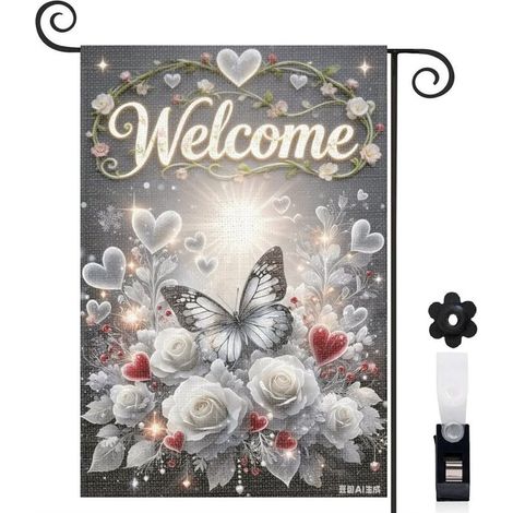Drapeau de jardin floral 30 x 45 cm motif papillon et fleurs blanches toile double face pour décoration extérieure saisonnière (1/5)