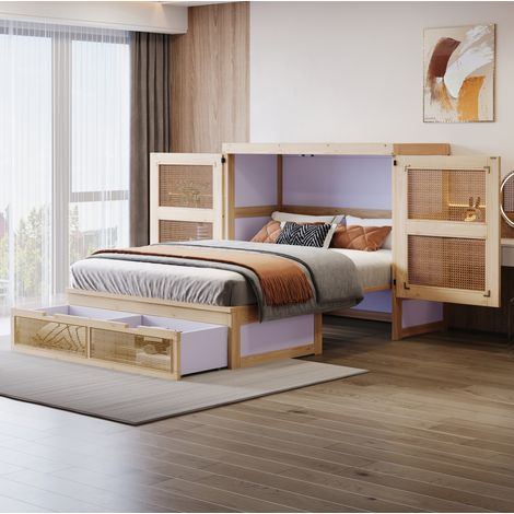 Doppelbett 140x200 cm Mit Klappbarem Gestell Mit Schubladen, Naturholzfarbe (1/5)
