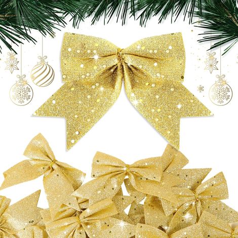 24 goldene Weihnachtsschleifen, 10 x 9 cm, Glitzerschleifen, Weihnachtsdekoration für Weihnachtsbaum, Geschenkverpackung, Girlande, Auto, Hochzeit (Gold) (1/5)