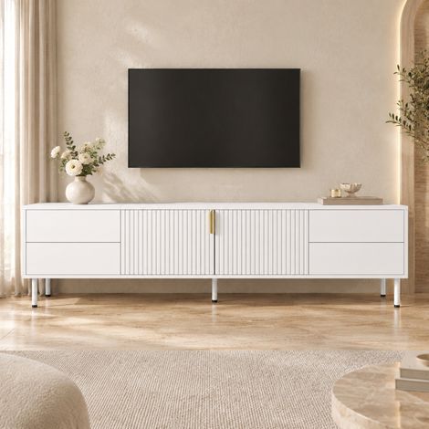 TV-Lowboard Weiß 180 cm mit 4 Schubladen, geriffelten Türen und Metallfüßen, OKWISH (1/5)