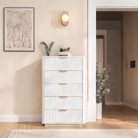 Commode 5 tiroirs blanche avec poignées métalliques MDF laqué (1/5)