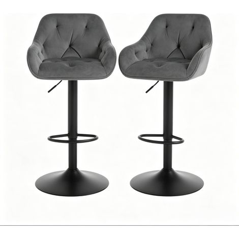 Set de 2 taburetes de bar giratorios regulables de terciopelo gris oscuro con respaldo y brazos (1/5)