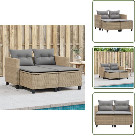 Gartensofa 2-Sitzer mit Hockern Beige Poly Rattan - Gartensofa - Outdoor Möbel - Lounge Set - Rattan Gartenmöbel - Gartenstuhl