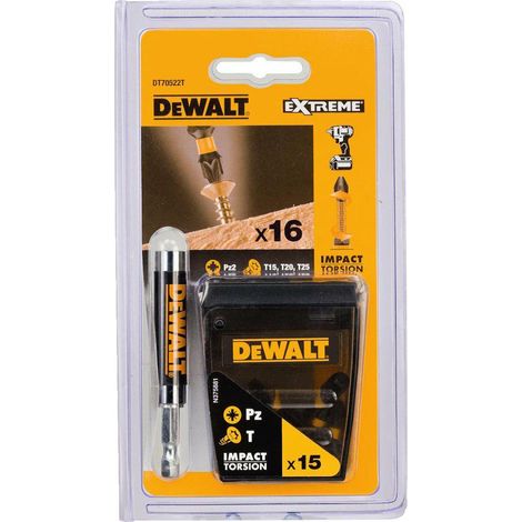 Set di 15 punte a percussione TX15 TX20 TX25 Adattatore PZ2 1/4" Dewalt DT70522T-QZ