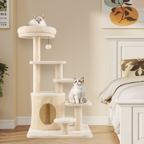 Arbre à Chat pour Chats Adultes Tour à Chat de 102 cm avec Condo Perchoir Rembourré Poteaux à Griffer en Sisal Balle Suspendue Beige (1/5)