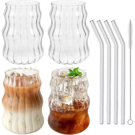 4er-Set Gläser mit Strohhalmen, 530 ml Kaffeegläser, Latte Macchiato Gläser, gewölbte Borosilikatglasgläser für Espresso, Cappuccino, Mojito, Matcha, Milchshake, Trinkgläser (1/5)